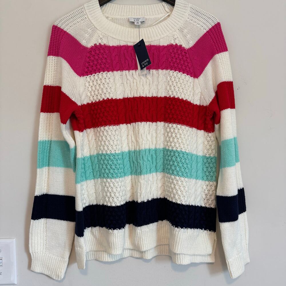 NEW Crown & Ivy cable knit sweater size medium white multicolor striped pullover